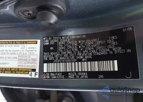 2005 Toyota Highlander Limited V6 из США, поврежденный, VIN JTEDP21A150067659